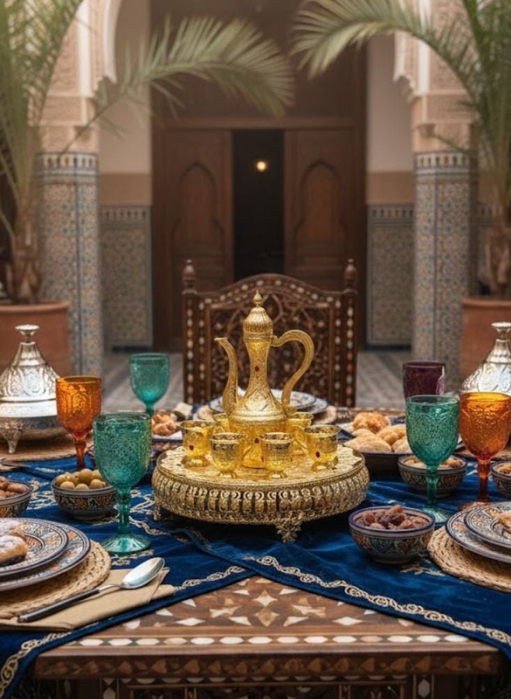 Premium Gold Arabic Dallah Coffee Set with Ornate Tray and Cups - Image 2